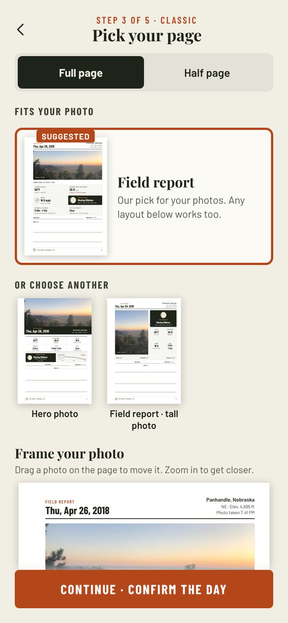 Pick your page: Classic, scrapbook or notes. A full page or half.